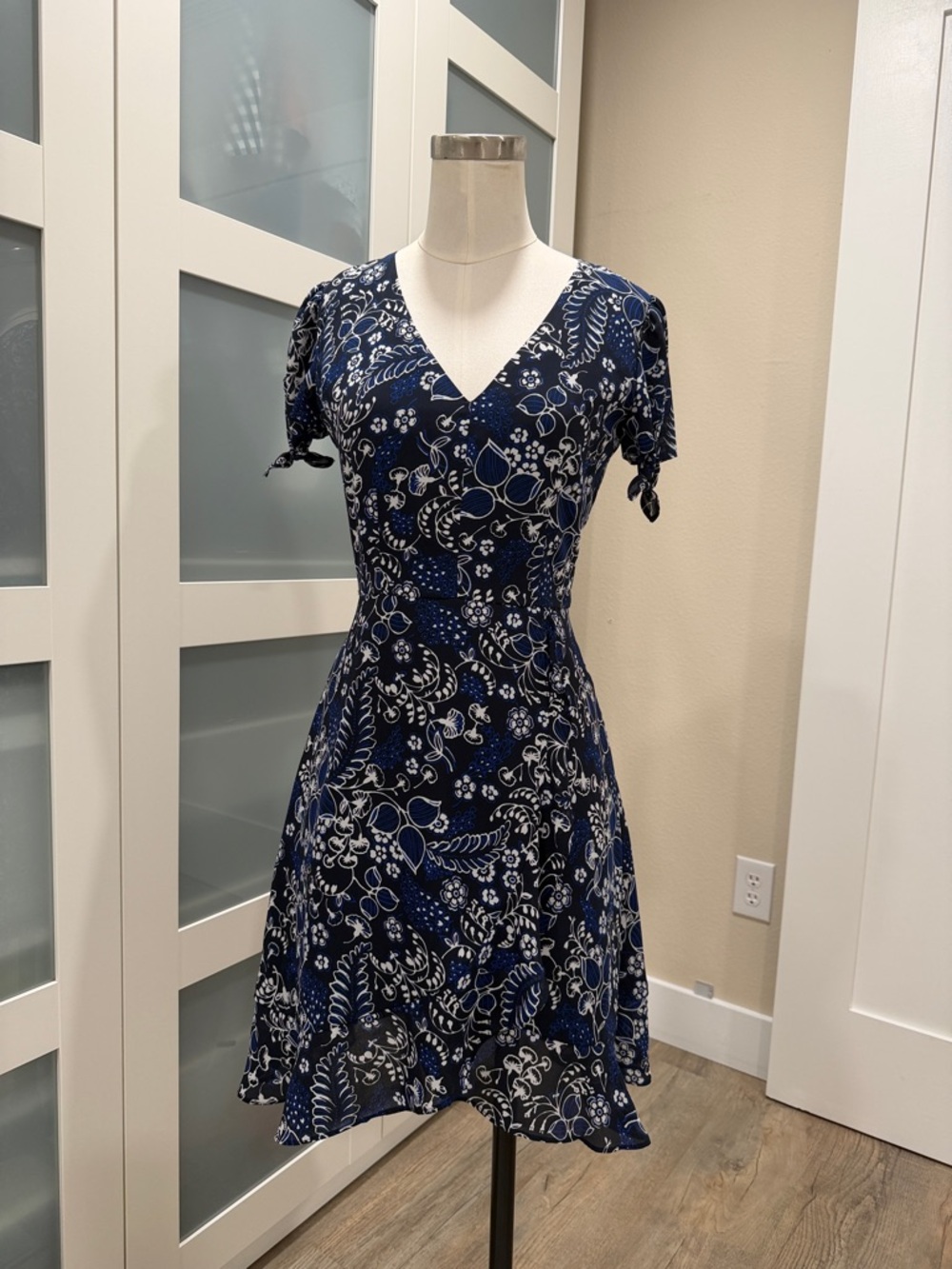 J. Crew Factory Navy and White Floral V-Neck Midi Dress with Tie Sleeves